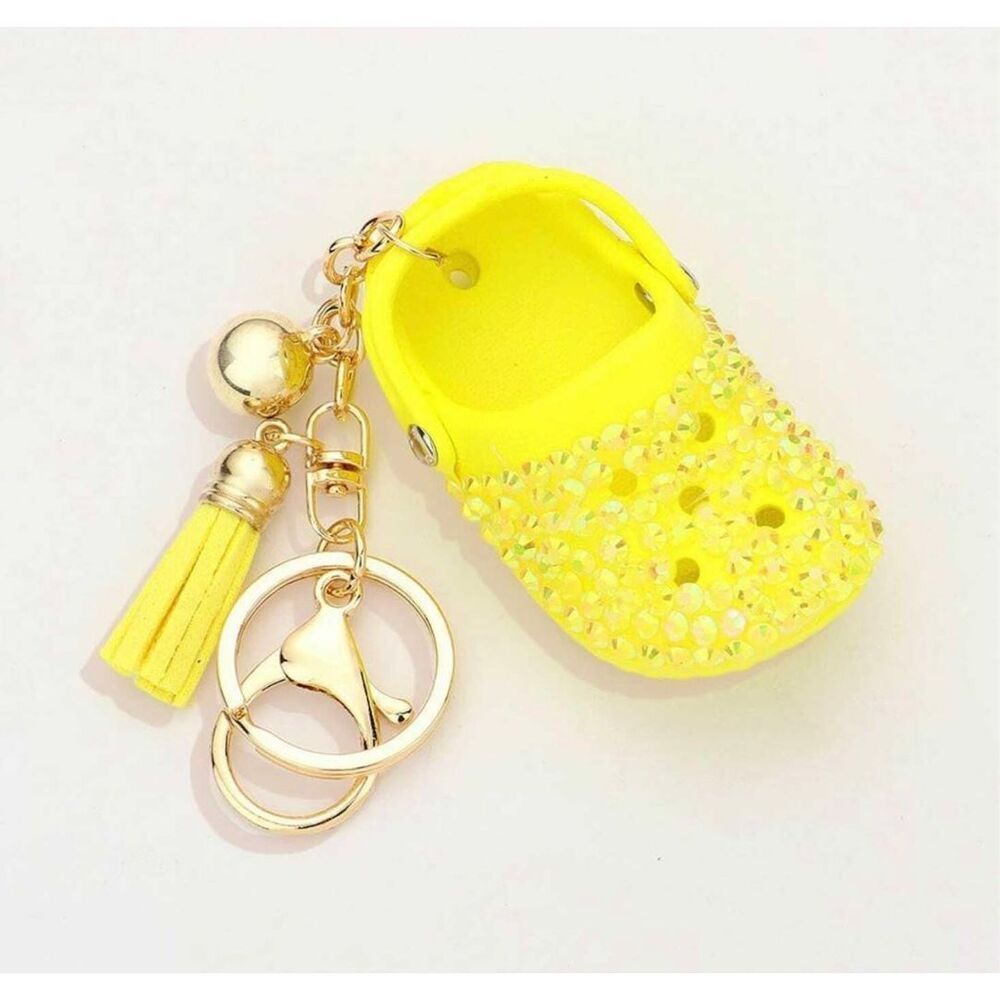 New Womens Boutique Sunshine Yellow Bling Clog Sandla 3D Tassel Keychain